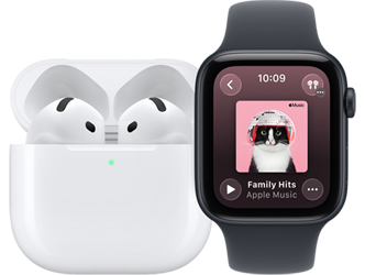 AirPods 4, microphone, in MagSafe Charging Case, open, rounded corners, green charge indicator light, Apple Watch SE 3, aluminium case, midnight colour, Apple Music app, now playing screen, midnight Sport Band