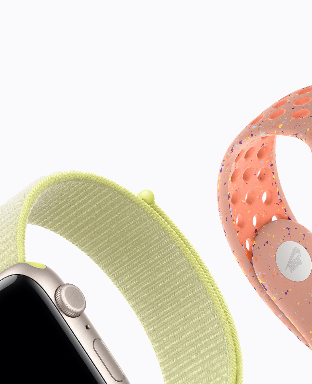 Apple Watch SE 3, aluminium case, starlight colour, neon yellow Sport Loop, alpenglow pink Nike Sport Band
