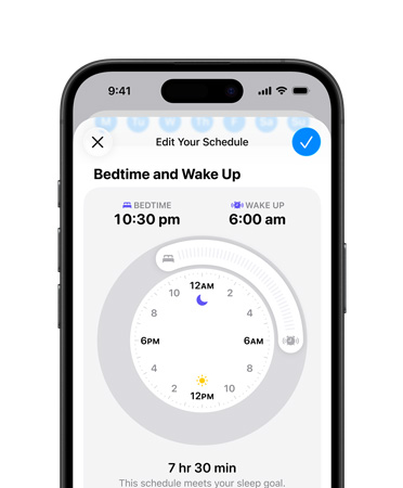 iPhone, Health app open to sleep schedule, bedtime set to 22:30, wake up set to 6:00, radial time dial in centre screen, 7 hr 30 min sleep goal met
