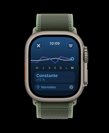 Apple Watch Ultra 3, naturel, boîtier en titane, graphique linéaire et calendrier de la charge d’entraînement, bracelet, Sentier, vert/vert fluo