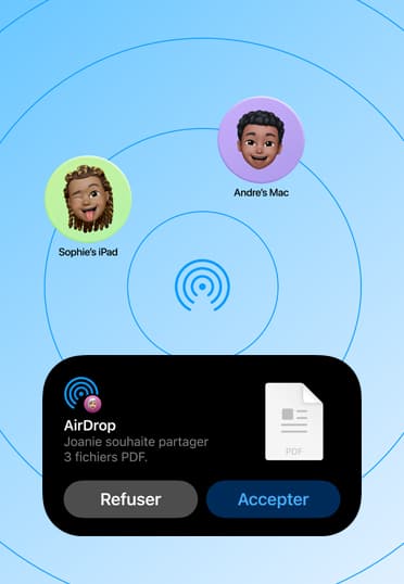 Interface AirDrop affichant une demande de partage de trois fichiers PDF, avec des options pour refuser ou accepter.