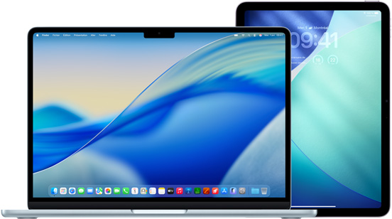 Un MacBook à gauche, un iPad à droite, les deux écrans affichant le même fond aux nuances bleues et vertes.