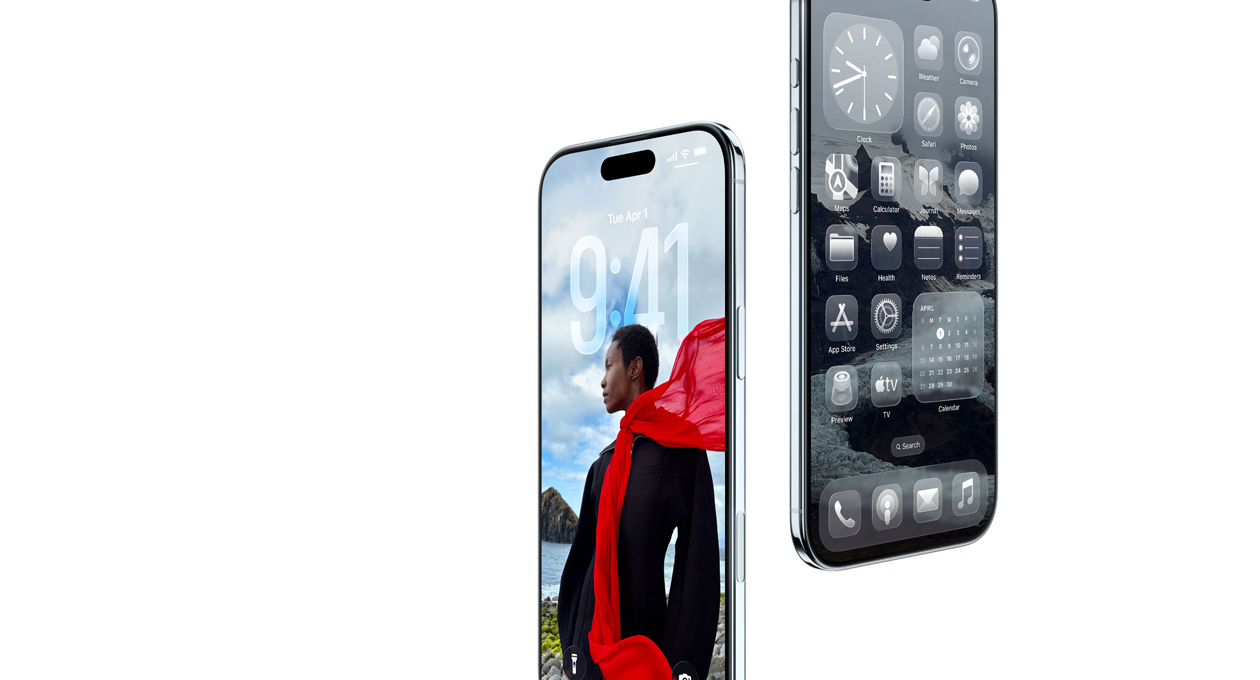 Two iPhone Air devices, front exterior, side exterior, thin profile, dynamic Lock Screen, Home Screen with Liquid Glass apps