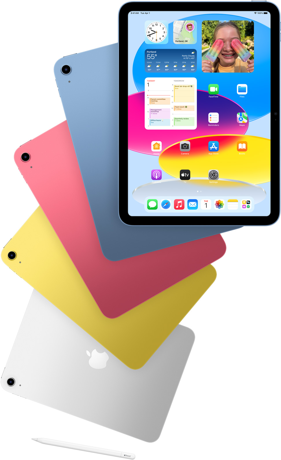 iPadi eestvaatel on kuvatud avakuva, mille taga on sinist, roosat, kollast ja hõbedast värvi iPadi tagumine külg. Apple Pencil lebab kaunilt paigutatud iPadi mudelite kõrval.