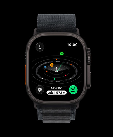 Apple Watch Ultra 3, color negro, caja de titanio, app Brújula, puntos de referencia marcados, correa Loop Alpine negra