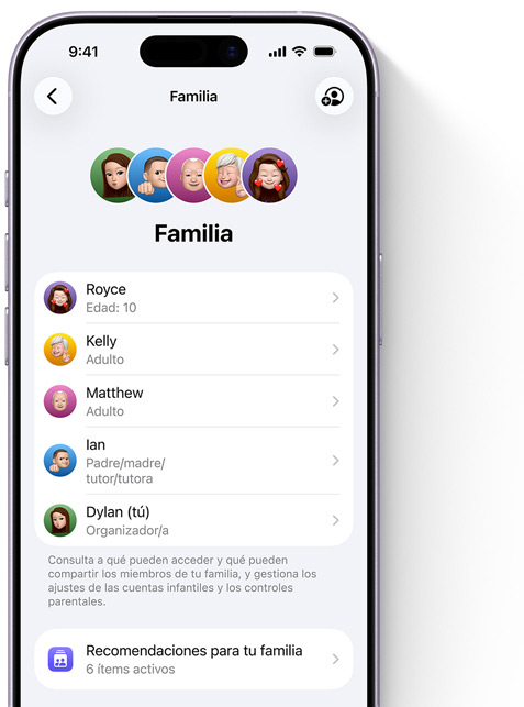 Pantalla del iPhone que muestra la página Familia en Ajustes; varios Memoji de miembros de la familia, cada uno en un círculo de distinto color, dispuestos en la parte superior; los mismos Memoji aparecen en una lista debajo que muestra a todos los participantes del grupo de En Familia.