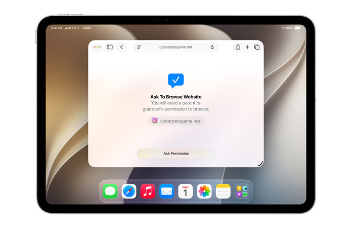 En iPad som visar gränssnittet Ask to Browse, där användaren meddelas att han eller hon behöver tillstånd att surfa med knappen Ask permission nedan.
