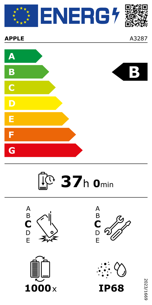 Etichetta energetica UE, codice QR e informazioni, modello Apple A3287, classe B, classi di efficienza energetica (con una scala da A a G), da A (efficienza massima) a G (efficienza minima), l’autonomia della batteria per ciclo è 37 ore e 0 minuti per ogni carica completa, la classe di affidabilità in caso di caduta libera ripetuta è C, da A (robustezza massima) a E (robustezza minima), la classe di riparabilità è C, da A (riparabilità massima) a E (riparabilità minima), la durata della batteria in cicli è 1000, il grado di protezione dall’ingresso di polvere e acqua (IP) è IP68, regolamento 2023/1669.