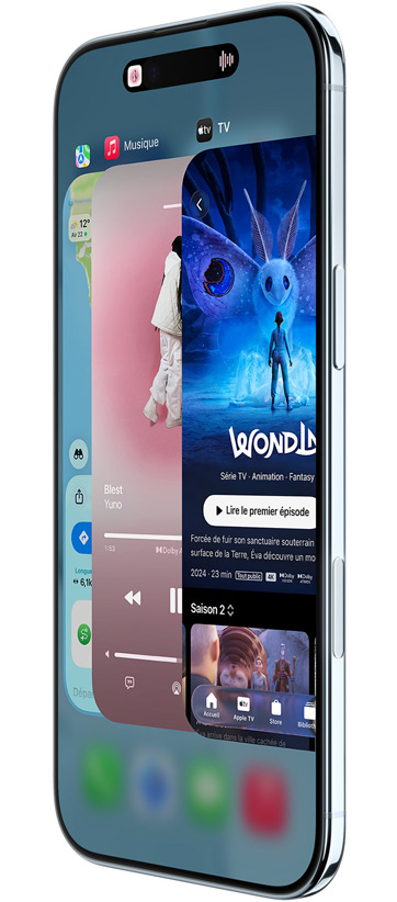 iPhone Air, face avant, côté, avec les apps Plans, Musique et Apple TV, présentant la fonctionnalité Sélecteur d’app en cours d’utilisation