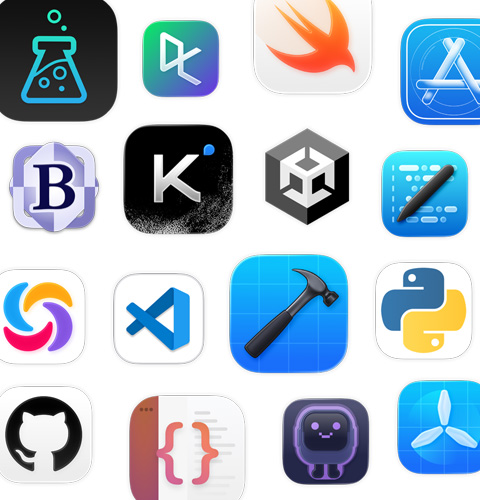 一系列編碼 app 圖像，包括 Unity Editor、DataCamp、Swift Playground 和 Apple Developer。