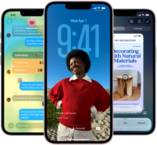 Tri uređaja iPhone 17e, prikazana je aplikacija Poruke s dizajnom Liquid Glass, dinamični Zaključani zaslon i Vizualna inteligencija u upotrebi