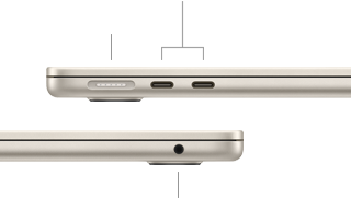 MacBook Air, zatvoren, lijeva strana prikazuje MagSafe i dva priključka Thunderbolt, desna strana prikazuje utičnicu za slušalice