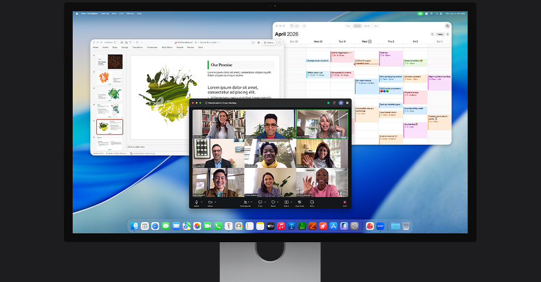 iMac, layar menampilkan panggilan video Zoom dengan beberapa peserta, aplikasi kalender, dan presentasi yang terbuka di latar belakang