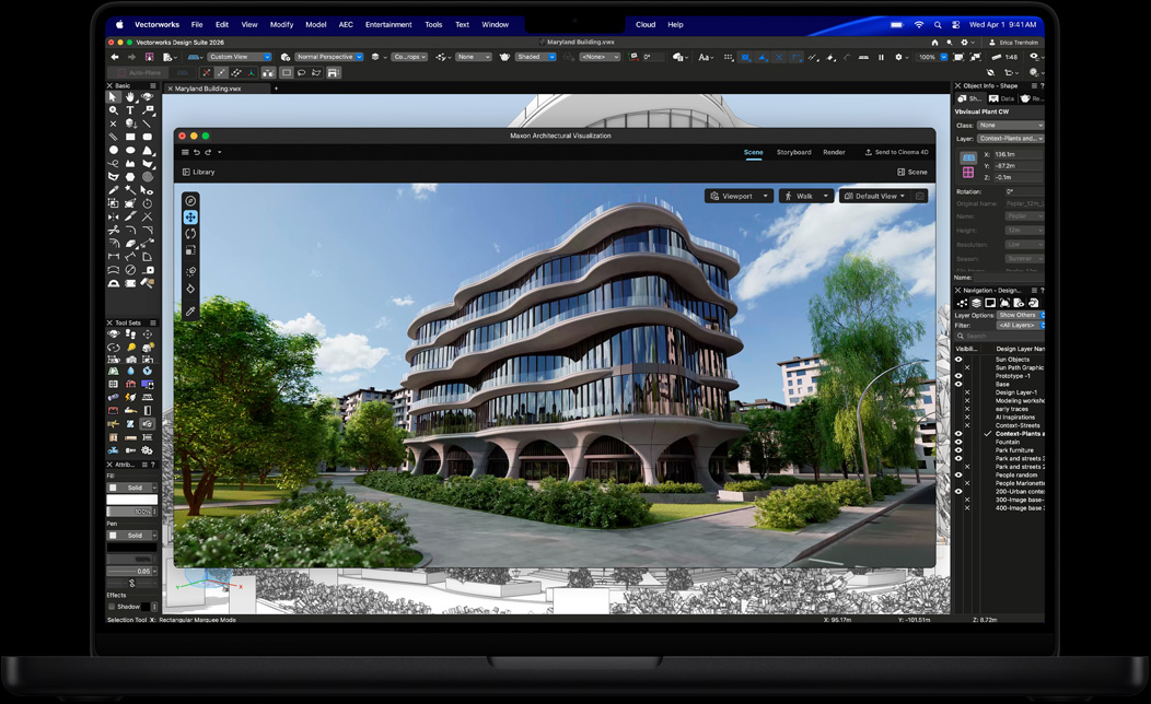 Layar MacBook Pro menampilkan Vectorworks Design Suite dengan Maxon Redshift