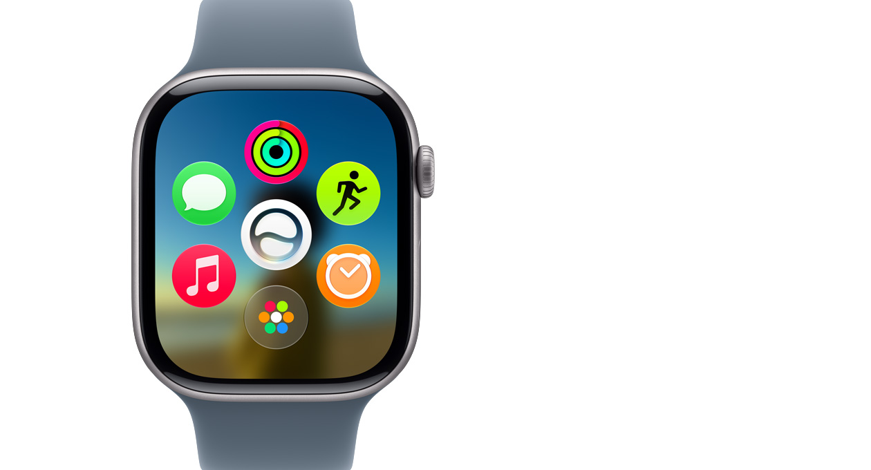 Apple Watch Series 11, Titanium Cokelat Batu, menampilkan Grid aplikasi dinamis