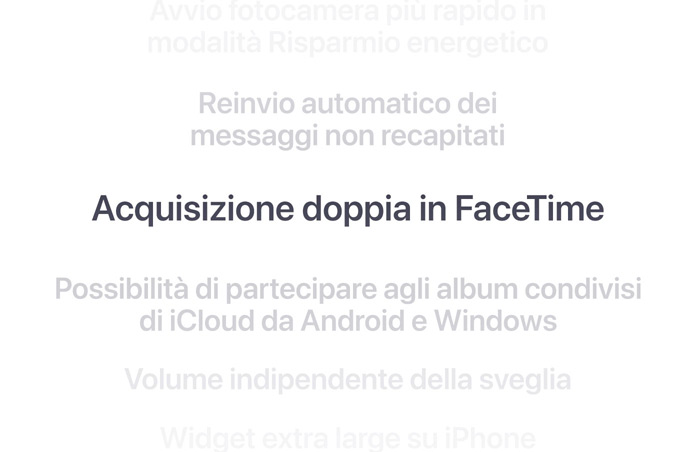 Un elenco verticale di funzioni, con “Acquisizione doppia in FaceTime” in grassetto al centro. Sopra e sotto, le funzioni circostanti sfumano nello sfondo.