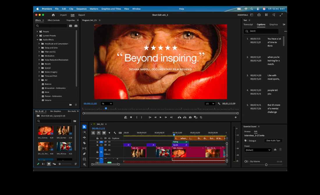 MacBook Proの画面にAdobe Premiereで編集中の映画を表示している