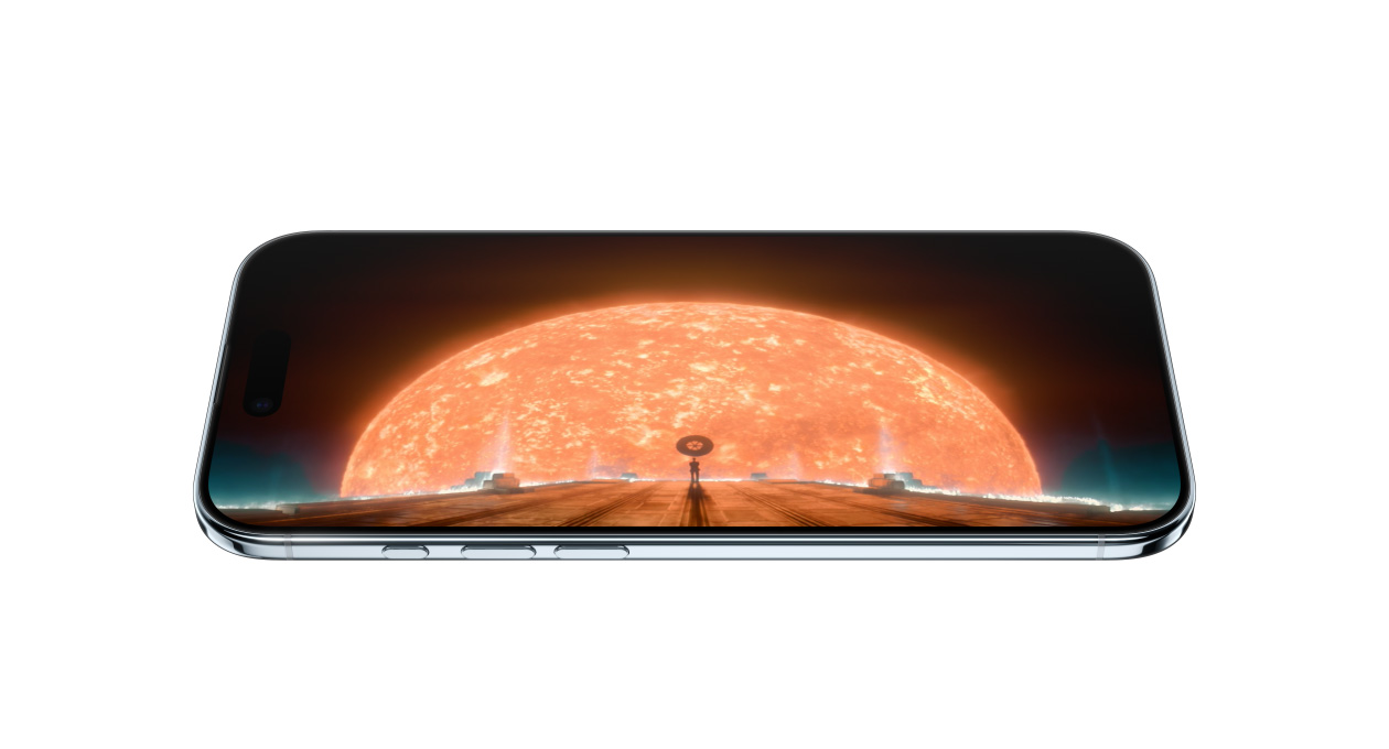Apple TV 시리즈 파운데이션의 정지된 한 장면이 떠 있고, 옆면이 살짝 보이는 iPhone Air 앞면