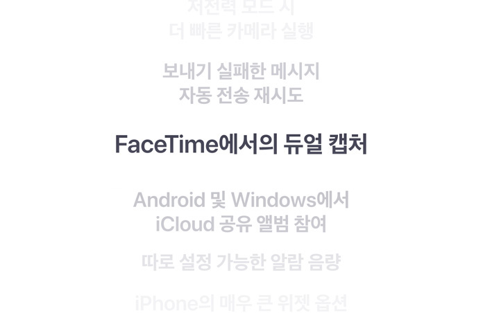 세로로 나열된 기능들 중 ‘FaceTime에서의 듀얼 캡처’ 기능이 중앙에서 볼드체로 표시된 모습. 주변 기능들은 배경 위아래에서 점점 옅게 보입니다.