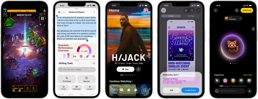 Vienas šalia kito „iPhone 17e“ telefonai su skirtingais ekranais: žaidžiamas žaidimas, rašymo įrankiai, programa „Apple TV“, kalendoriaus įvykio kūrimas, „Genmoji“ kūrimas
