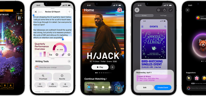 Vienas šalia kito „iPhone 17e“ telefonai su skirtingais ekranais: žaidžiamas žaidimas, rašymo įrankiai, programa „Apple TV“, kalendoriaus įvykio kūrimas, „Genmoji“ kūrimas