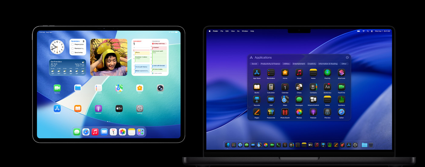 Un iPad et un Mac affichant diverses icônes d’apps. L’iPad affiche plusieurs widgets, notamment Calendrier, Météo et Photos. macOS Tahoe est visible à l’arrière-plan d’un Mac.