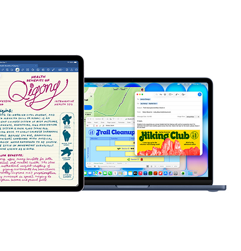 iPad screen shows Goodnotes, Mac screen shows several apps being used at once