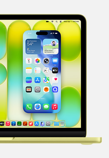 MacBook, front view, screen shows iPhone Mirroring feature, where user can control iPhone screen from Mac.