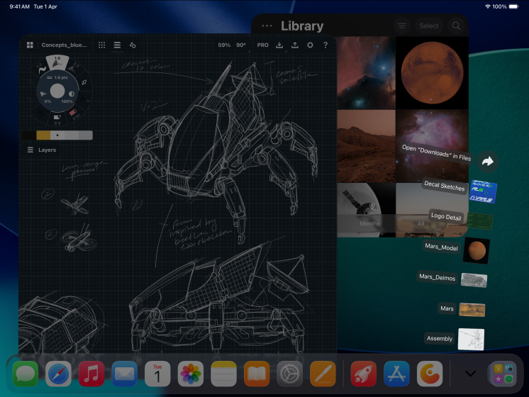 Three iPad Pro devices, front exterior, landscape orientation, space black, Apple Pencil Pro atop iPad Pro, three displays showing photo editing apps with open projects of a model on a red background, sketches of mechanical designs with colour adjustment tools, photo library, downloads folder files fanned out, 3D modelling software with geometric shapes and handwritten annotations and formulas
