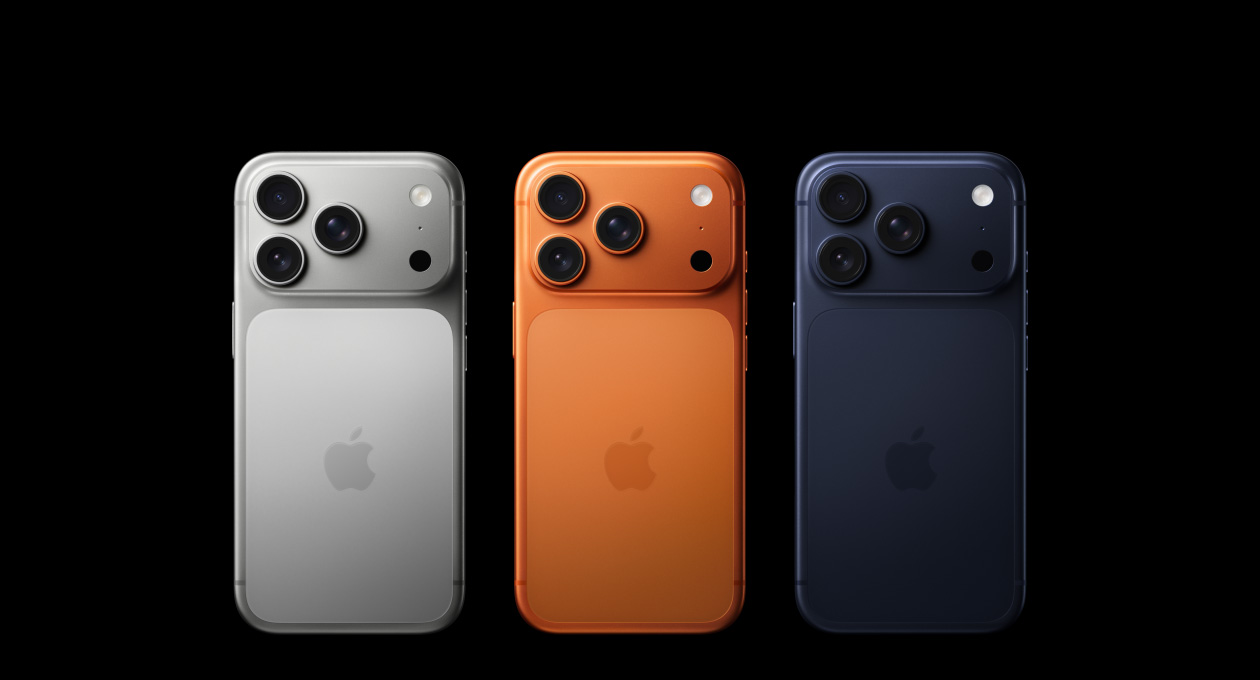 iPhone 17 Pro, back exterior, all three finishes, Silver, Cosmic Orange, Deep Blue, Pro camera system in top left corner, 3 lenses, microphone, flash, Apple logo in centre