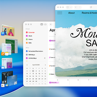 Multiple windows and apps displayed on macOS Tahoe screen including Keynote, Pages, Mail, and a website featuring content about a serene sanctuary.