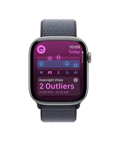 Apple Watch Series 11 z kopertą z aluminium w kolorze gwiezdnej szarości, opaska sportowa w kolorze ciemnoszarym, apka Parametry życiowe, wykres prezentujący wyniki związane ze zdrowiem, parametry życiowe z nocy z odstającymi wartościami, prawy bok urządzenia, pokrętło Digital Crown