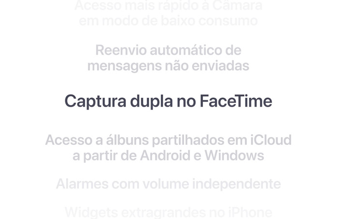 Lista vertical de funcionalidades, com a opção Captura dupla no FaceTime apresentada a negrito no centro. As características envolventes desvanecem em segundo plano acima e abaixo.