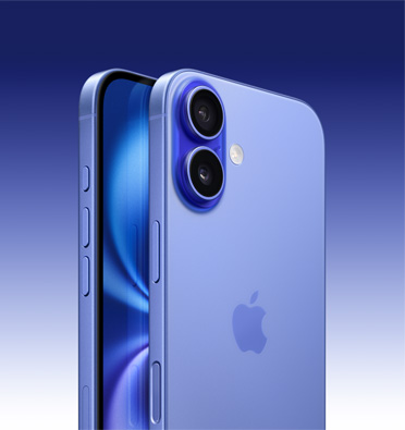 iPhone 16 pe culoarea Ultramarin, ecran parțial și unghi lateral, arată - butonul Acțiune, butonul de volum și butonul lateral. Exteriorul spate arată sistemul avansat dual de camere în colțul din stânga sus.