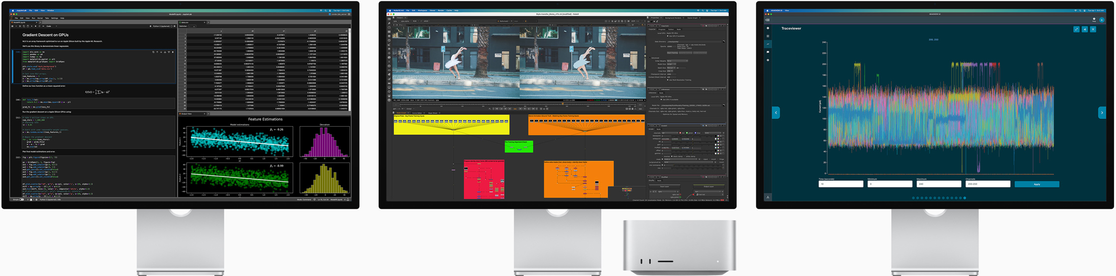 Mac Studio a tri displeje Studio Display, ktoré majú na obrazovke rôzne apky macOS