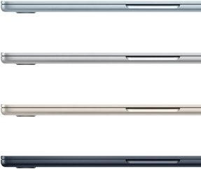 Pohľad zboku na štyri MacBooky Air v štyroch rôznych farbách