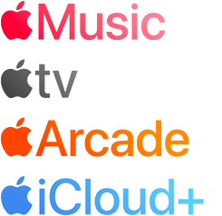 Apple 訂閱服務標誌，包括 Apple Music、Apple TV Plus、Apple Arcade、iCloud Plus