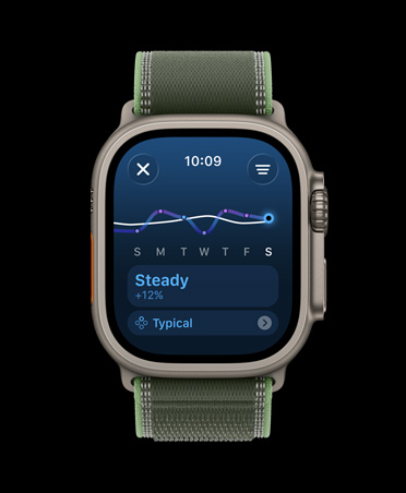 Apple Watch Ultra 3 med urkasse av naturlig titan og Trail Loop i grønn/neon viser en Treningsmengde-graf og kalender på skjermen.