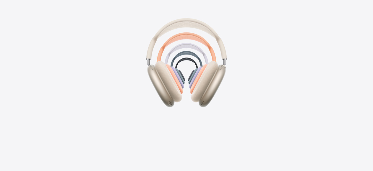 „AirPods Max 2“ ausis apgaubiančios ausinės, vaizdas iš priekio, sudėtos iš eilės, parodytos skirtingų spalvų, tinklinis lankelis ir viskoelastinės pagalvėlės, „Digital crown“ ir klausymosi režimo mygtukas.