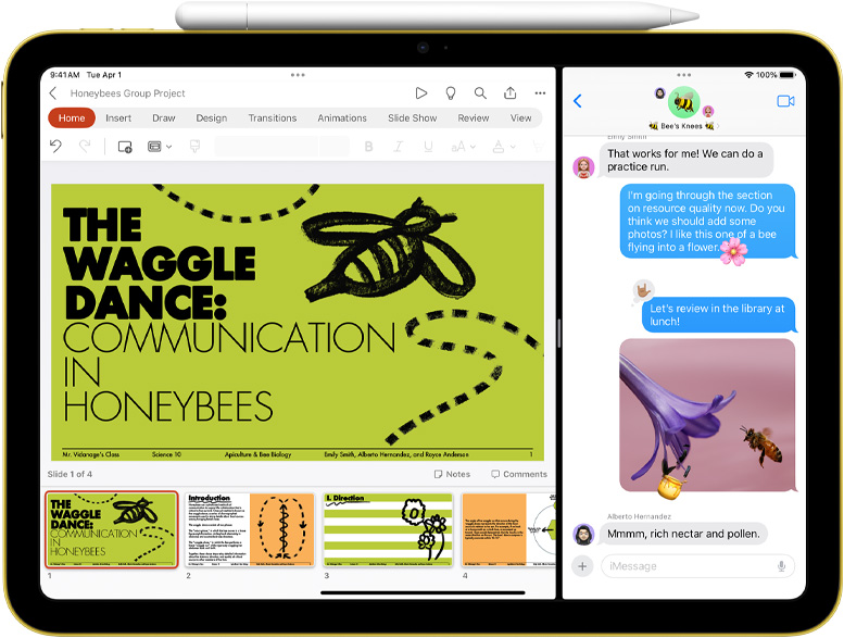 Split View Powerpoint dan Pesan di iPad dengan Apple Pencil yang menempel secara magnetis.