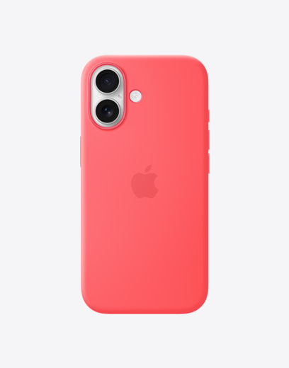 iPhone 17, zadná vonkajšia strana, Bright Guava silikónový kryt, sústava kamier Dual Fusion v ľavom hornom rohu, logo Apple uprostred