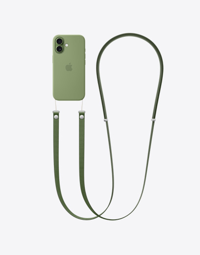 Pohľad zozadu na iPhone 17 v zelenom kryte s pripnutou crossbody šnúrkou