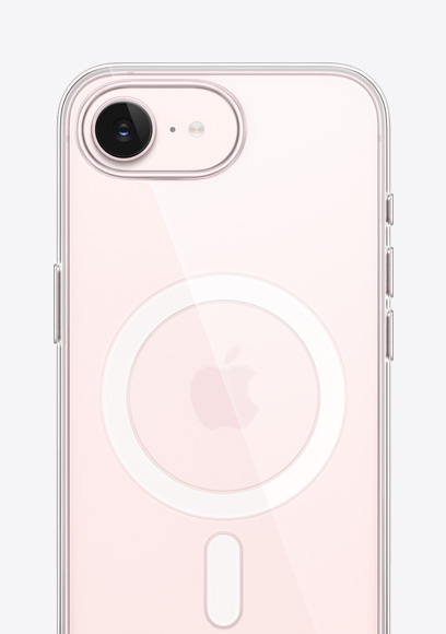 Un iPhone 17e rosa chiaro mostrato da dietro, custodia MagSafe trasparente, fotocamera Fusion in alto, logo Apple al centro