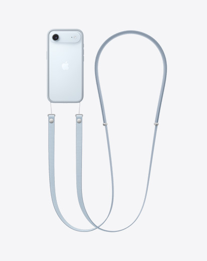 iPhone Air, fra baksiden, lysegrått bumperdeksel med crossbody-stropp