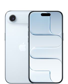 iPhone Air, fra baksiden, i fargen himmelblå, Fusion-kamerasystem øverst, Apple-logo i midten, fra forsiden, i fargen himmelblå, Dynamic Island sentrert øverst