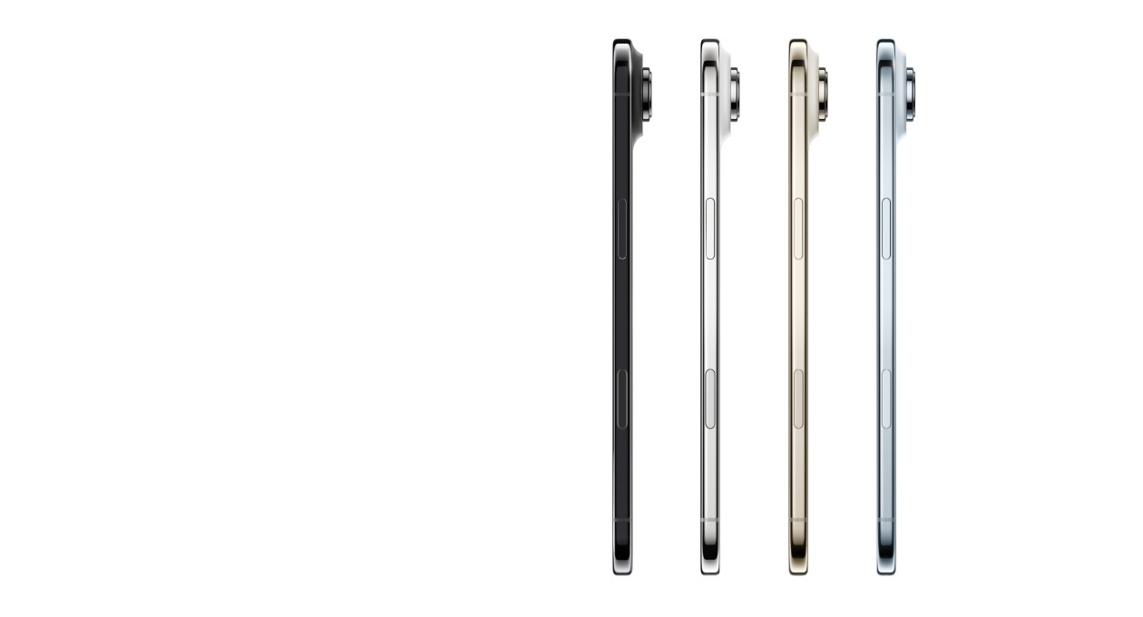 iPhone Air, fra siden, farger: himmelblå, lys gull, skyhvit og stellarsvart, usedvanlig tynn profil, Fusion-kamerasystem, knapper: sideknapp, Kamerakontroll