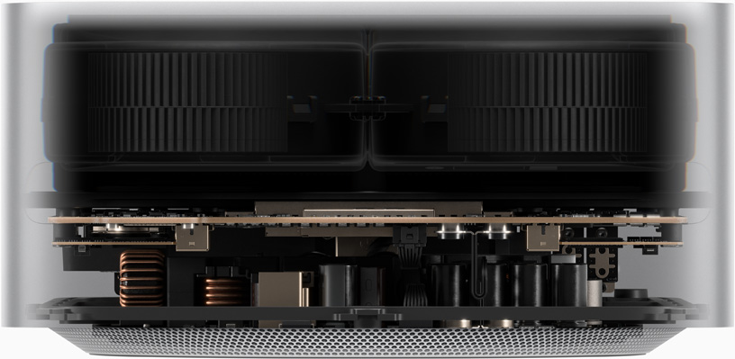 Measurement of Mac Studio showing a width of 19.7 centimetres and height of 9.5 centimetres